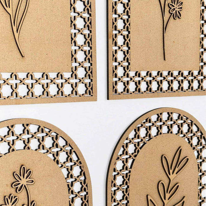 Boho Wall Decor Pack of 4 MDF Floral Wall Hanging with Quatrefoil Jali Pattern 3D Boho Art Cutouts Wall Art 21x25 cm
