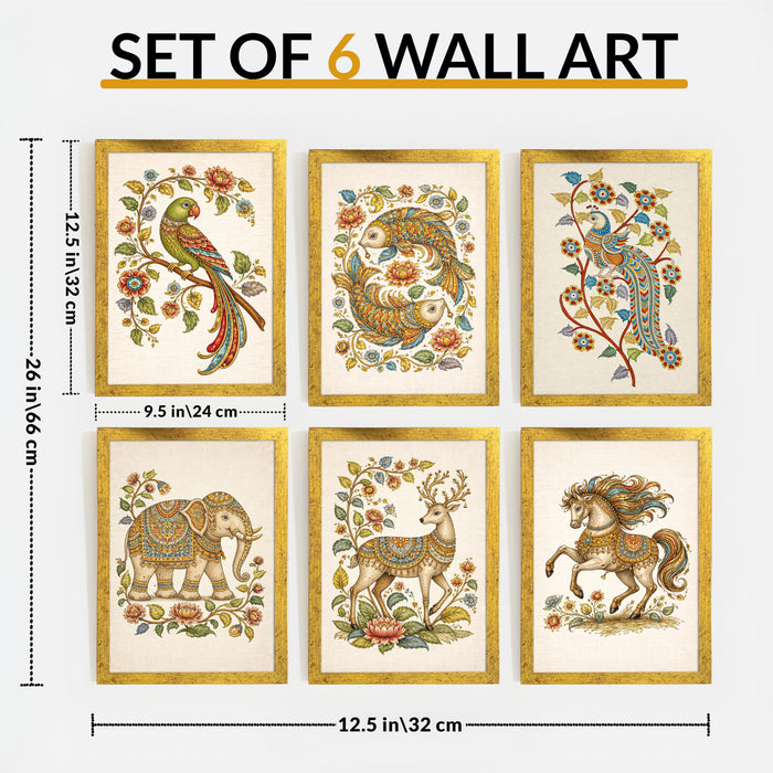 Indian Folk Art Painting With Frame for living room, Royal Birds & Animals Framed Wall Art Painting for Home Decor Set of 6, Size 9.5 by 12.5 Inch