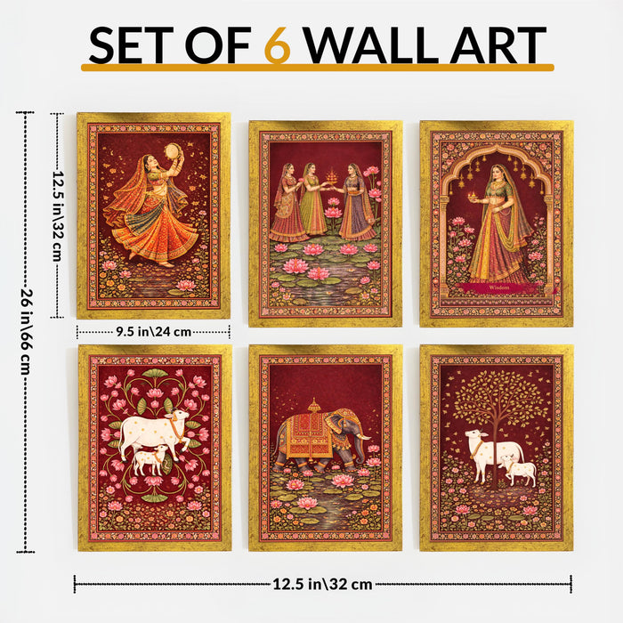 Madhubani Pichwai Painting With Frame for living room, Flower Framed Wall Art Painting for Home Decor Set of 6, Size 9.5 by 12.5 Inch