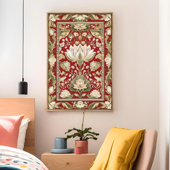 Large Canvas Painting Panel Framed Wall Art Print Indian lotus floral Framed Luxury Paintings for Home Décor (Red, 23x35 Inch)