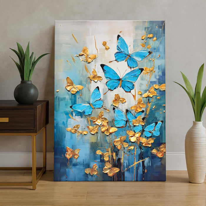 Stretched Canvas Blue and Golden Butterfly 3D Abstract Painting Abstract Vastu Hand Painted Canvas Painting Paintings for Art 3D Textured Butterfly Modern 61x91 cm