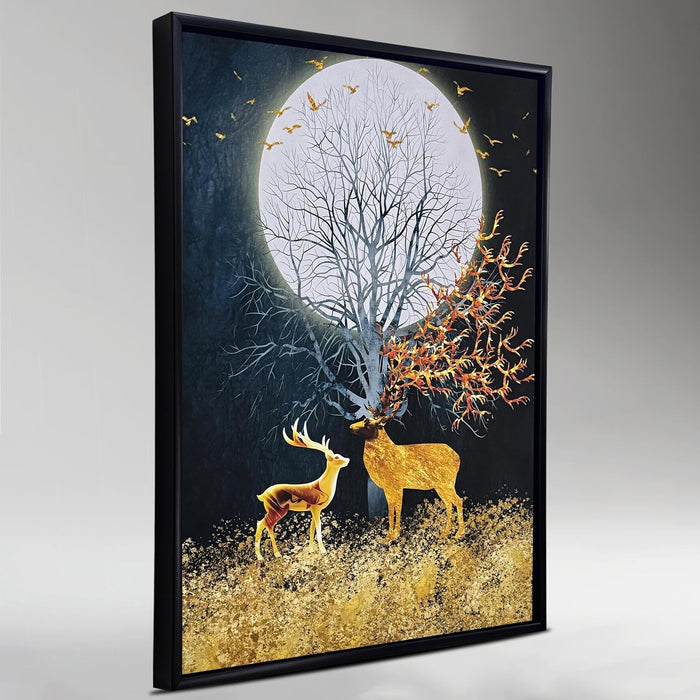 Framed Canvas Art Print with LED Light Decorative Canvas Wall Art, Deers in Front of the Moon Painting with LED Wall Decor 43x58 cm