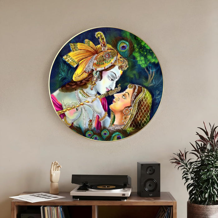 Radha Krishna Pichwai Art, Metal Finish Round Vinyl Golden, Sparkle Laminated Slim Framed Large Size Wall Art Painting For Home Decor(22x22 Inch)