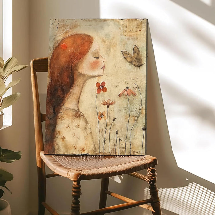 Vintage Abstract Art of Girl with Flower and Butterfly in Orange, Brown, and Beige | Digital Painting (16x22 Inch)
