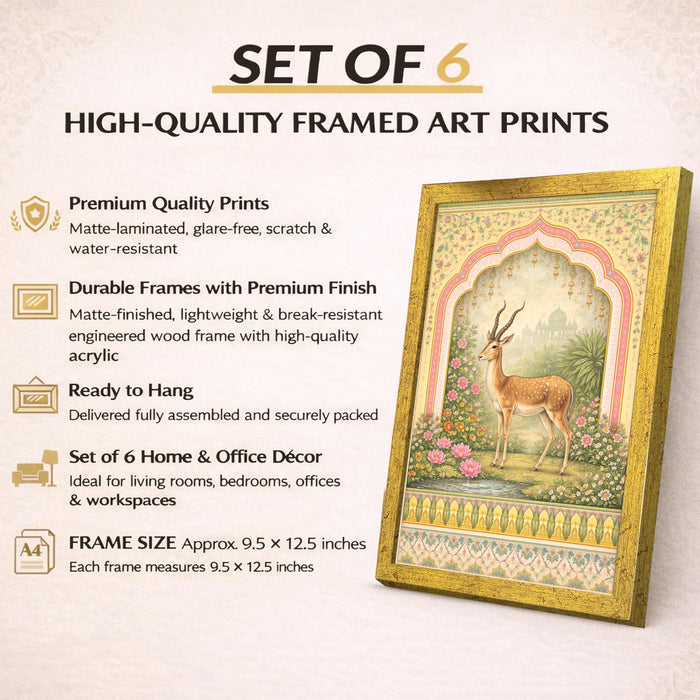 Mughal Garden Painting With Frame for living room, royal Indian Miniature Framed Wall Art Painting for Home Decor Set of 6, Size 9.5 by 12.5 Inch
