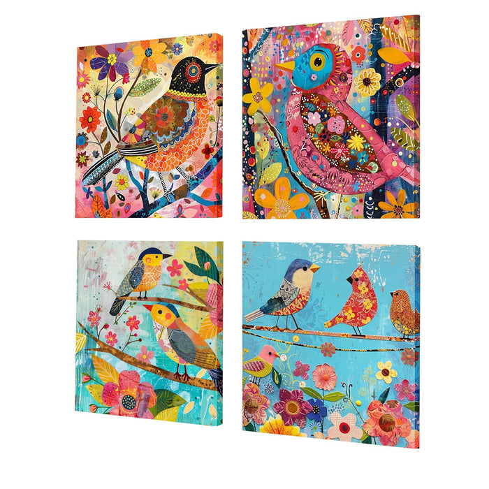 Colorful Birds & Flowers Vibrant Botanical Pattern Wall Art Painting Set of 4 | Digital Print (12 x12Inches)