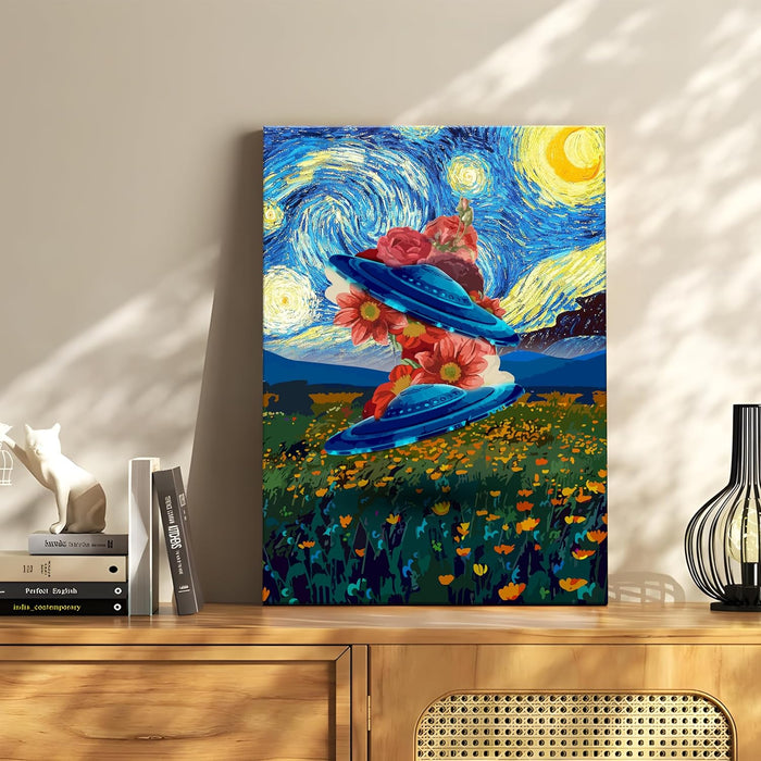 Art Street Stretched Canvas Painting Flying UFO Starry Night Graffiti Floral Wall Art for Home Decor, Living Room, Office.