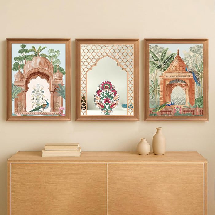 Framed Madhubani Wall Art and Decorative Mirror Set | A3 Floral and Garden Painting with Jali Jharoka Mirror | Indian Paintings | 35x45 cm