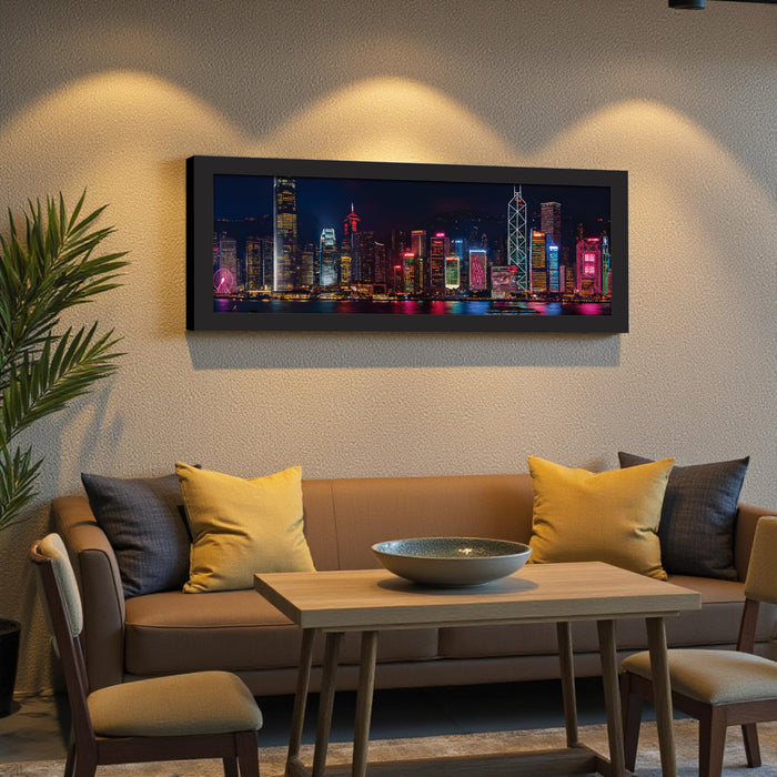 Vibrant Hong Kong Skyline at Night Cityscape Wall Art Framed Luxury Paintings for Home Decoration, Living room, Bedroom and Office Decoration (99x38 CM)