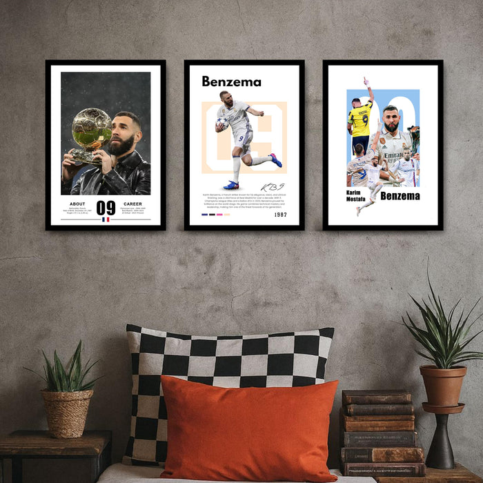 Karim Benzema Sports Painting With Frame for living room, Football Player Framed Wall Art Painting for Home Decor Set of 3, Size 13.6 by 17.9 Inch