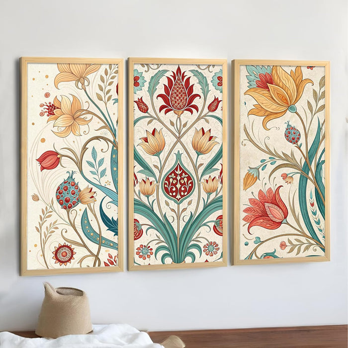 Framed Art Print Set of 3 Floral Turkish and Islamic Wall Art Prints Madhubani-Inspired Indian Prints Wall Hanging Frame Beige 25x48 cm