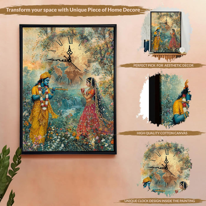 Hindu Religious Portrait Abstract Divine Multicolor Framed Canvas wall art With Clock | Painting with clock. 43x58 cm