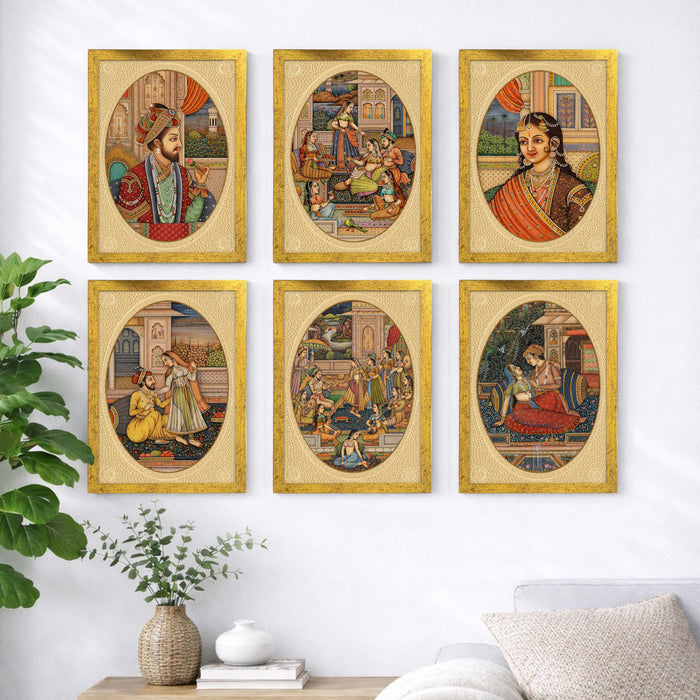 Mughal Miniature Painting With Frame for living room, Rajasthani Emperor Framed Wall Art Painting for Home Decor Set of 6, Size 9.5 by 12.5 Inch