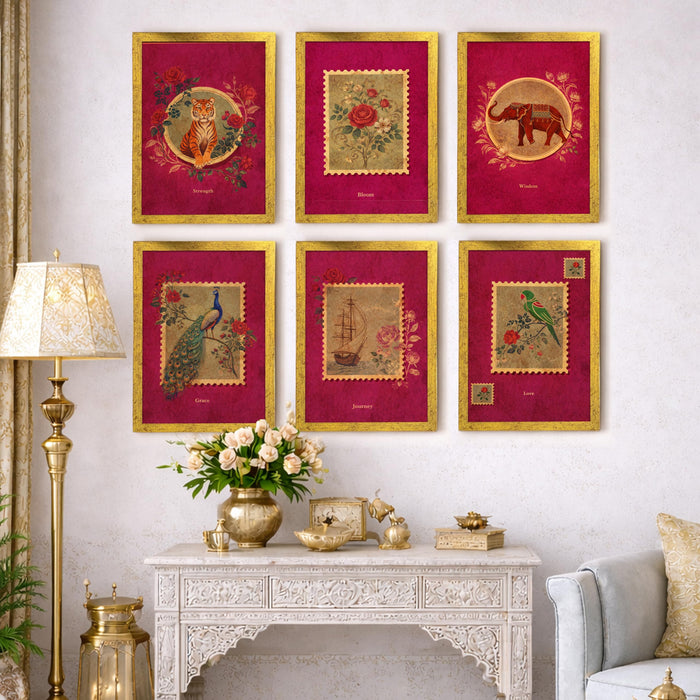 Madhubani Pichwai Painting With Frame for living room, Lotus Flower Framed Wall Art Painting for Home Decor Set of 6, Size 9.5 by 12.5 Inch