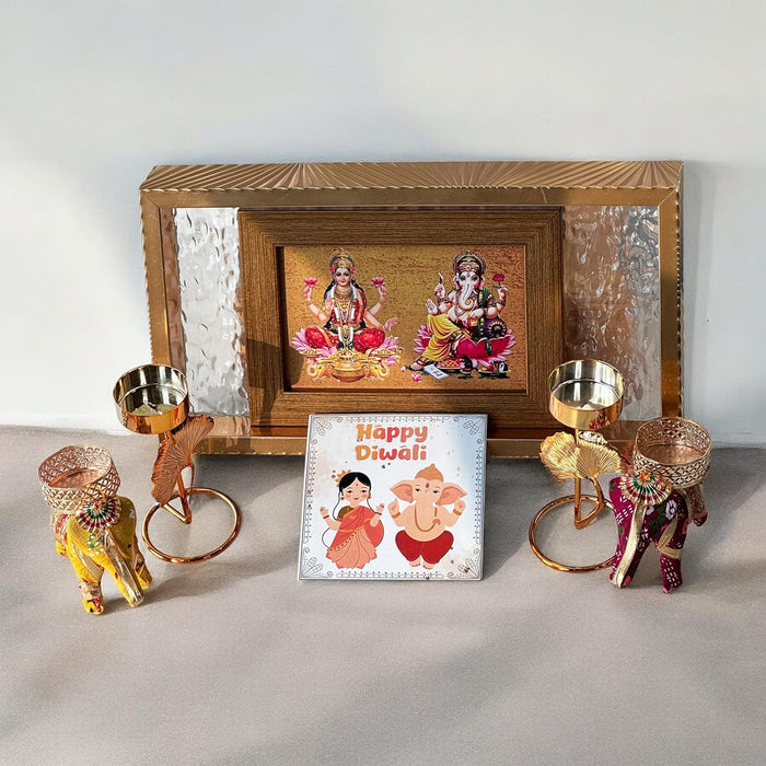 Diwali Gift Hamper Combo Set, Handmade Decorative Serving Tray, One Laxmi & Ganesh Table Photo Frame, Two Tealight with Elephant Diya & Greeting Card for Pooja Decor (Gold, 11x6 Inch Tray)