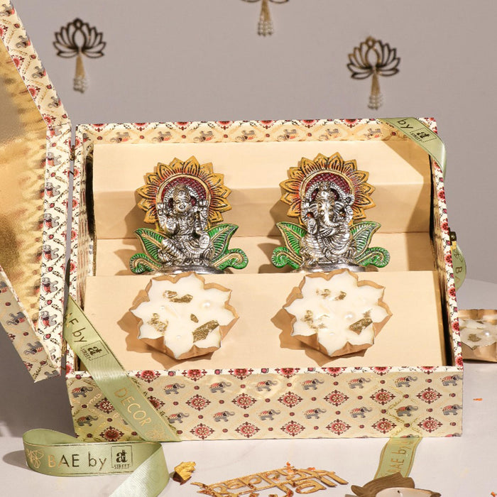 Diwali Gift Hampers Laxmi and Ganesh Idol and Laxmi Charan with Urli Diya, Friends and Relatives (Pack of 3)