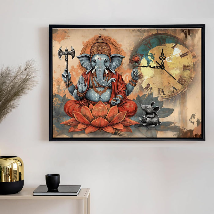 Hindu Religious Portrait Abstract Divine Multicolor Framed Canvas wall art With Clock | Painting with clock. 43x58 cm