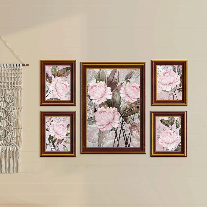 Art Street White Pink Peony Water Lily Floral Framed Art Print For Living Room, Decorative Home & Wall Decor - Set Of 5 (Brown, 4 Pcs-5x7 Inch, & 12x16 Inch)
