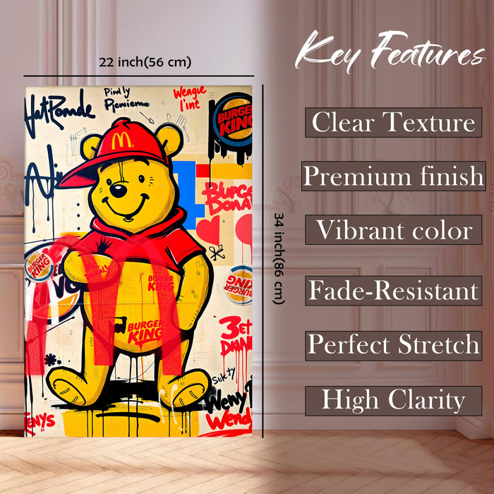 Bear Graffiti Stretched Canvas Painting Print | Pop Art Street Style Wall Décor | Modern Abstract Canvas Art for Home & Office, 56x86 cm