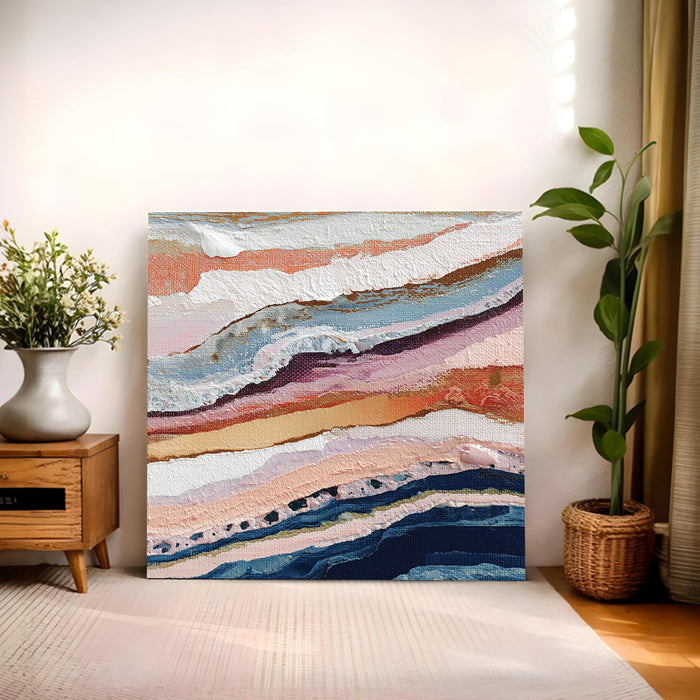 Abstract Stretched Canvas Wall Art Painting For Living Room, Modern Abstract Layered Coastal Landscape, Blue, Pink & Coral Textured Painting for Living Room, Office & Home Decor (56xx56 cm)