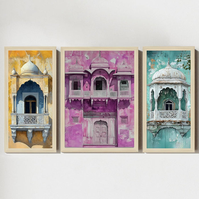 Botanicals Pichwai Framed Wall Art Painting Home Décor Pack Of 3 | Digital Scenery Painting with Frame, Set Of 3 22x46 cm, 33x44 cm