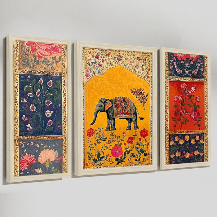 Pichwai Framed Wall Art Painting Home Décor Pack Of 3 | Digital Scenery Painting with Frame, Set Of 3, 22x46 cm, 33x44 cm