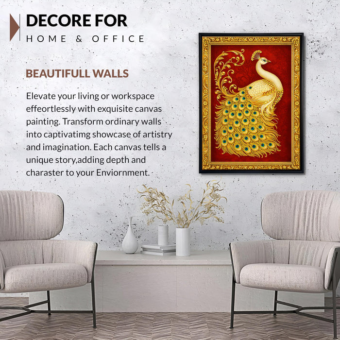 Tanjore Golden Peacock Framed Canvas Painting for Living Room Wall Decor, Holy Peacock Vastu Framed Canvas Wall Art for Vastu Place Bedroom Home Hallways Office Hotel, Size 43x58 cm