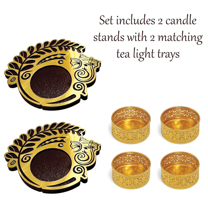 Decorative Diwali Tealight Diya Holders for Home Decoration, Dipawali Décor Items, Diwali Temple Decoration - MDF Wood Tea Light Candle Holder Deity Ganesha Motif Stand –11x11 cm