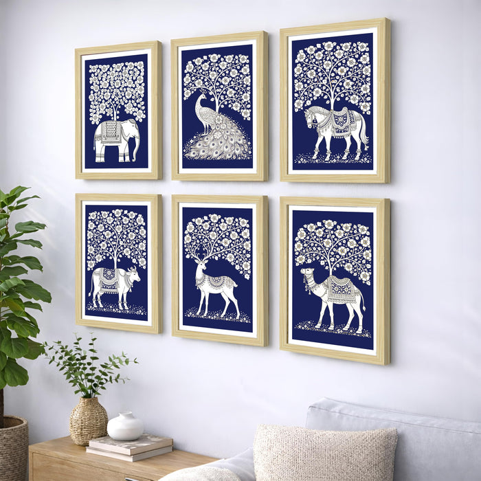 Traditional Indian Folk Painting With Frame for living room, Tree of Life Animal Framed Wall Art Painting for Home Decor Set of 6, Size 9.5 by 12.5 Inch