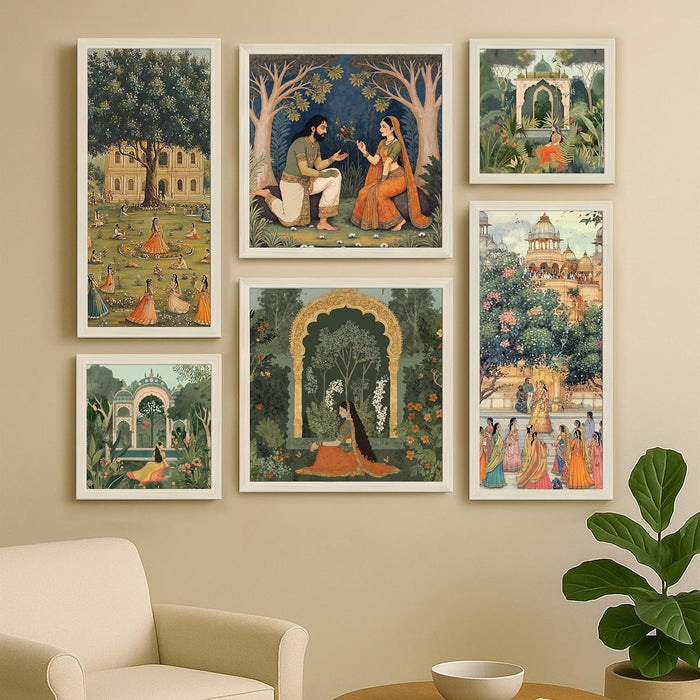 Framed Wall Art Print Pack of 6 Framed Wall Decoration Art Prints Classical Indian Garden Romantic 24x48, 34x34 and 24x24 cm