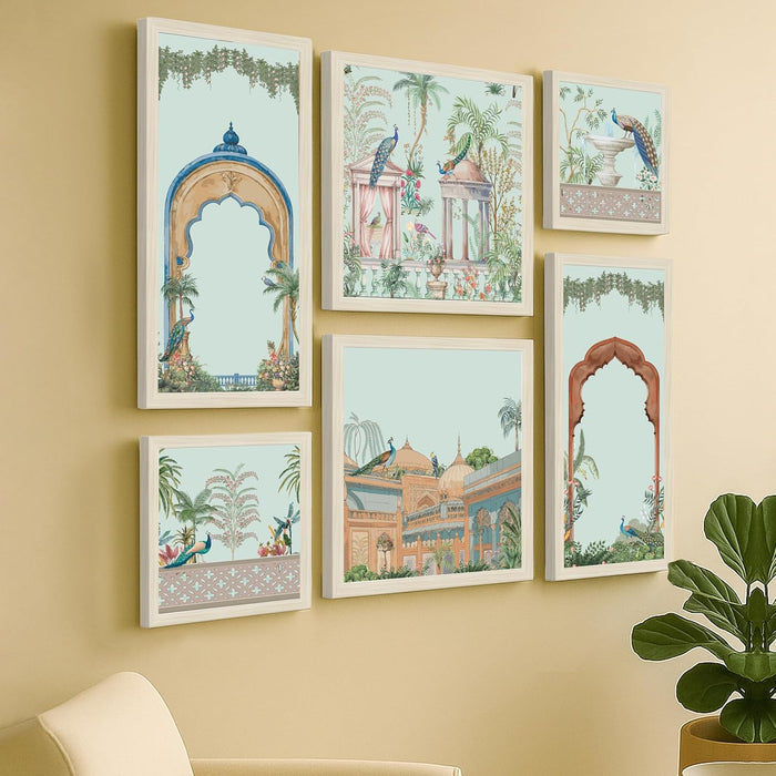 Framed Wall Art Print Pack of 6 Framed Wall Decoration Art Prints Traditional Indian Mughal Garden 24x48, 34x34 and 24x24 cm