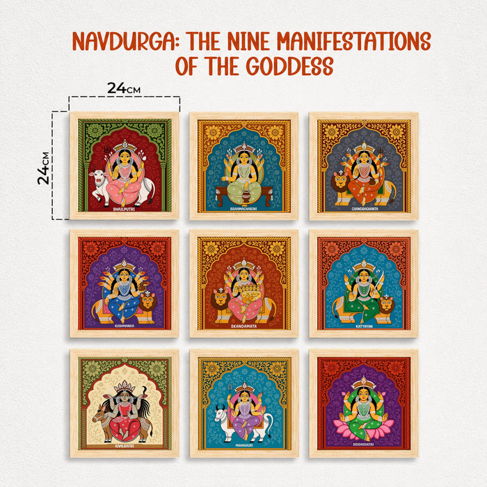 Nine Forms of Nav Durga Wall Art Painting Set of 9 with Frames 9x9 Inch, Hindu Goddess Navratri Decorative Wall Paintings & Showpiece, Spiritual Religious Wall Decor for Living Room, Pooja Room