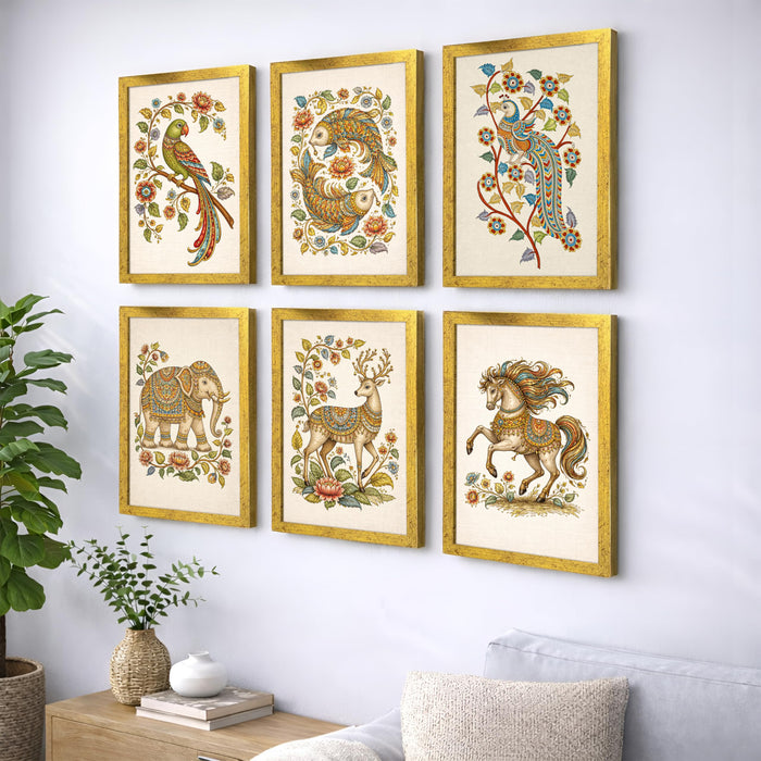 Indian Folk Art Painting With Frame for living room, Royal Birds & Animals Framed Wall Art Painting for Home Decor Set of 6, Size 9.5 by 12.5 Inch