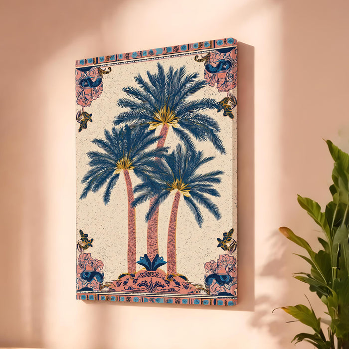 Mughal Botanical Stretched Canvas Painting For Living Room | Decorative Palm Garden Stretched Canvas Wall Art For Livingroom Home Decor, Bedroom, Hallway's, Office, Hotel - 56x86 cm