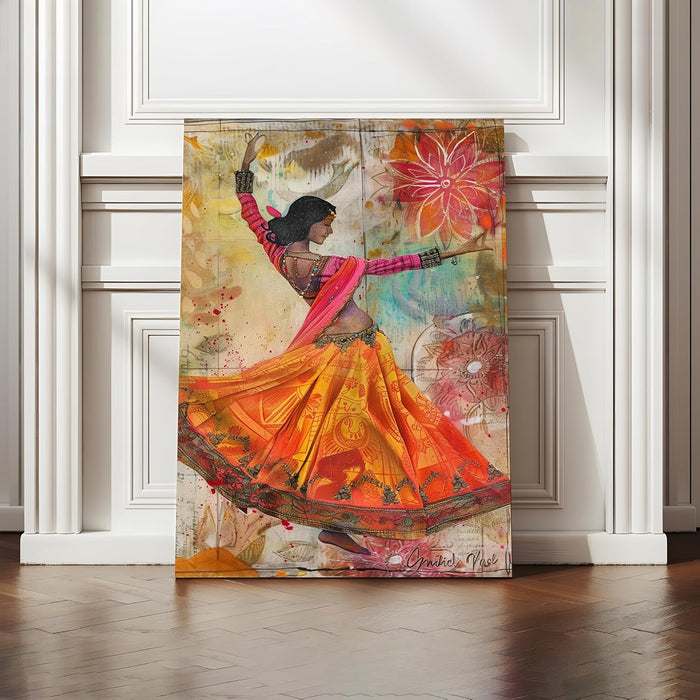 Large Stretched Canvas Painting, Panel Wall Art Print Lady Kathak Dance Framed Luxury Paintings for Home Décor (Orange, 22x34 Inch)