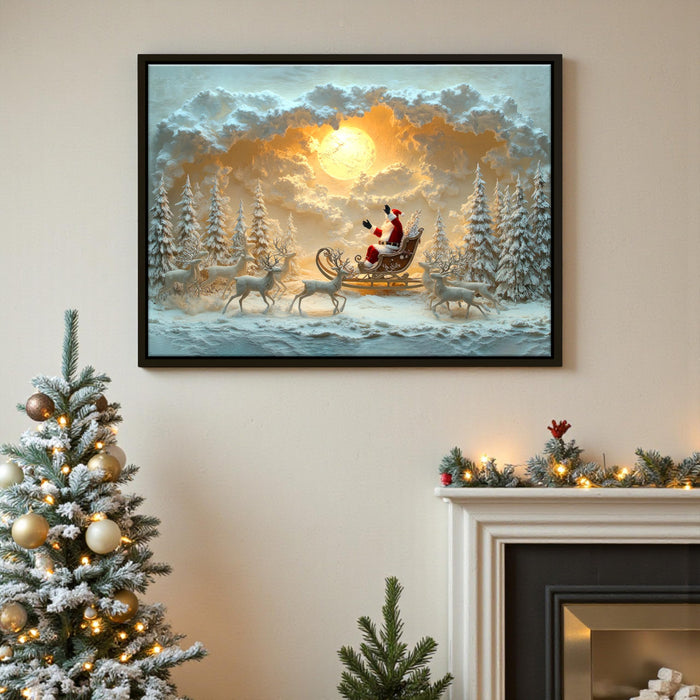 LED Christmas Wall Painting Lighted Holiday Décor with Santa Sleigh and Reindeer Scene Painting, Winter Landscape for Home, Living Room Festive Decoration (23x17 Inch)