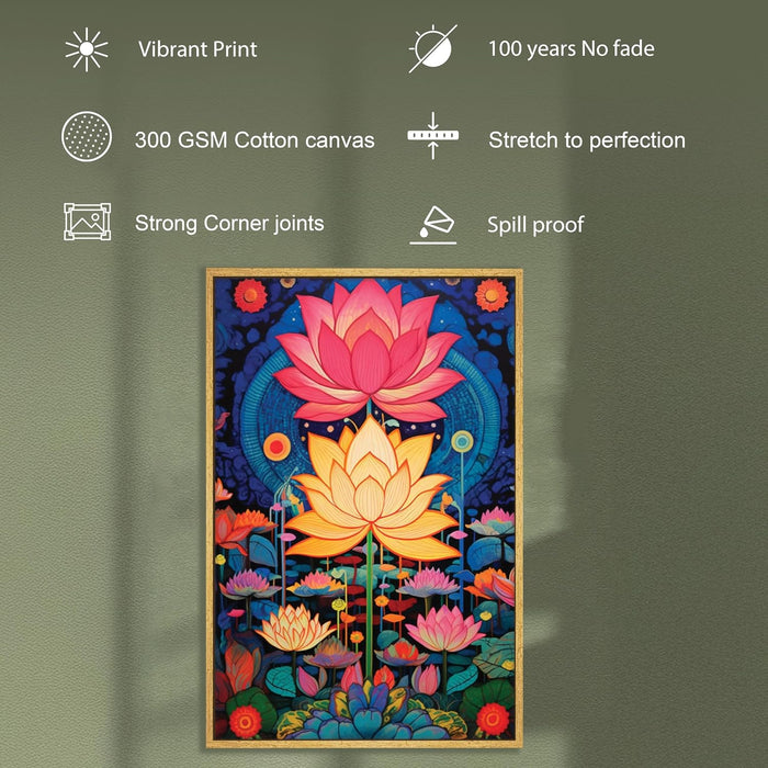 Abstract Multicolor Aesthetic Lotus Painting with Frame, Framed Canvas Paintings Stretched Canvas Wall Art  22x34 Inch