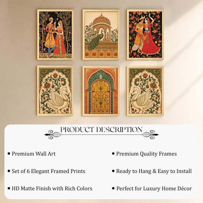 Mughal Royal Palace Wall Art Painting, Traditional Emperor, Swan & Arch Theme Wooden Framed Wall Art Print for Living Room, Bedroom & Home Decor (Set of 6, 13x9 inch)