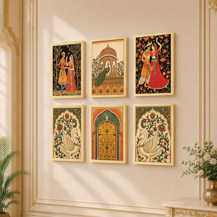 Mughal Royal Palace Wall Art Painting, Traditional Emperor, Swan & Arch Theme Wooden Framed Wall Art Print for Living Room, Bedroom & Home Decor (Set of 6, 13x9 inch)