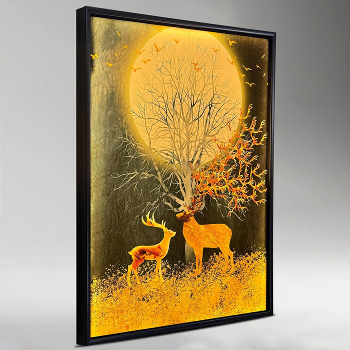 Framed Canvas Art Print with LED Light Decorative Canvas Wall Art, Deers in Front of the Moon Painting with LED Wall Decor 43x58 cm