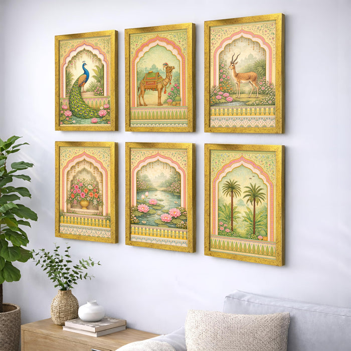 Mughal Garden Painting With Frame for living room, royal Indian Miniature Framed Wall Art Painting for Home Decor Set of 6, Size 9.5 by 12.5 Inch