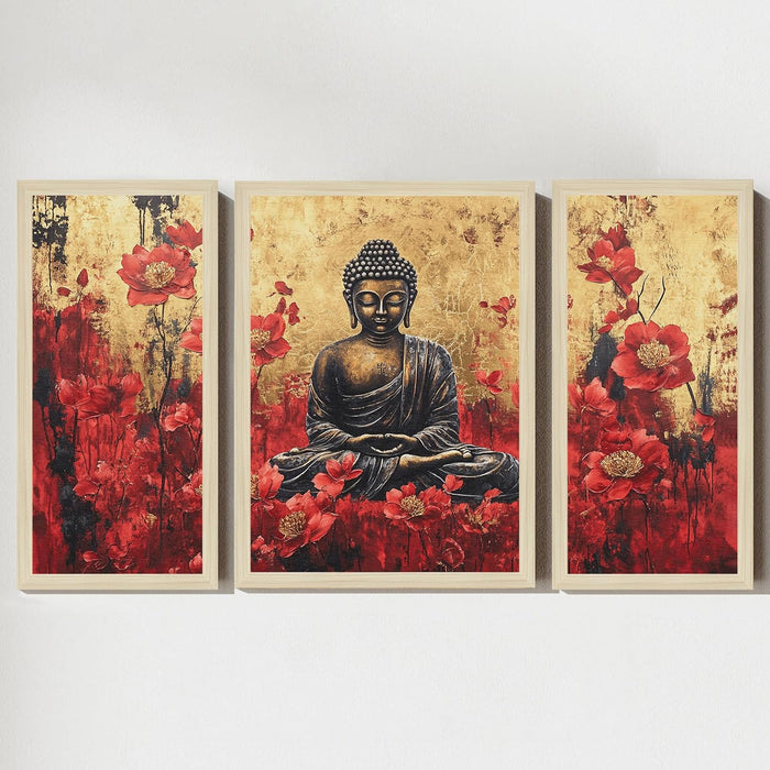 Buddha Floral Abstract Framed Wall Art Painting Home Décor Pack Of 3 | Digital Scenery Painting with Frame, Office Set Of 3, 22x46 cm, 33x44 cm