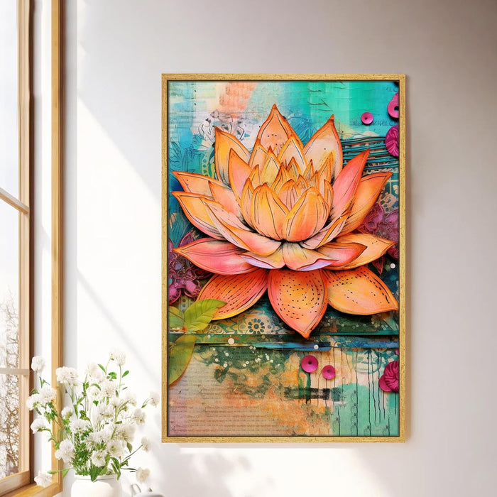 Abstract Multicolor Digital Art of Lotus Flower Stretched Canvas Painting with Frame – Wall Art – Framed Canvas Wall Décor (23x35 Inch)