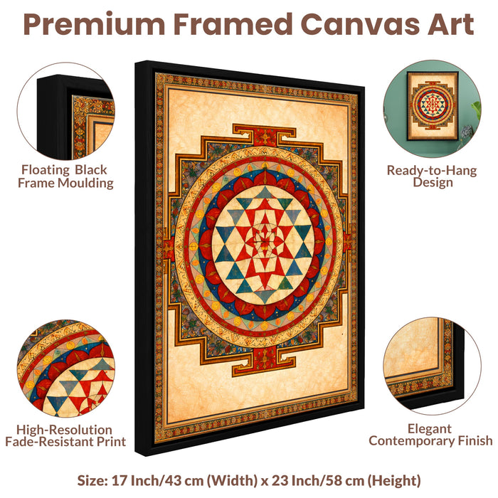 Sri Yantra Mandala Framed Canvas Painting for Living Room Wall Deocr, Shree Yantra Sacred Geometry Vastu Framed Canvas Wall Art for Vastu Place Bedroom Home Hallways Office Hotel, Size 43x58 cm