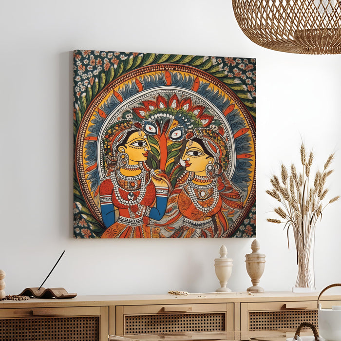 Madhubani Two Women Painting for Wall Decoration | Flower Canvas Wall Painting for Living Room, Bedroom, Home and Office Wall Decor (41x41 Cm)