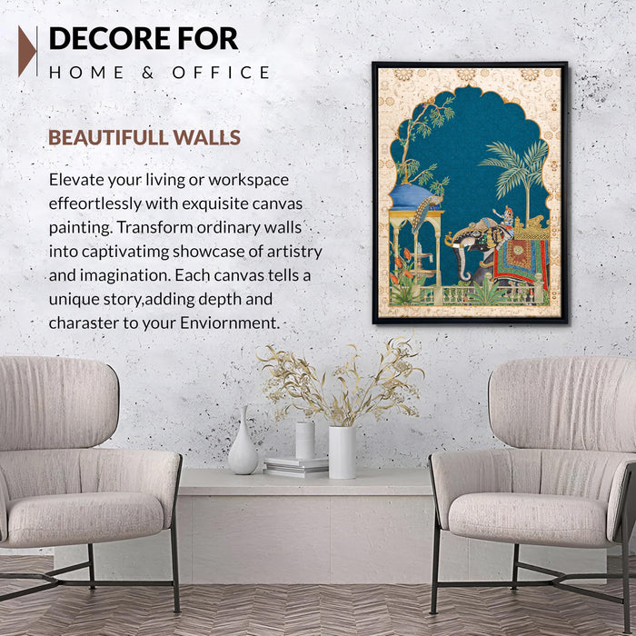Mughal Elephant Framed Canvas Painting for Living Room Wall Decor, Arched Jharokha Mughal Garden Indian Art Framed Canvas Wall Art for Bedroom Wall Decoration Home Hallways Office Hotel, Size 43x58 cm