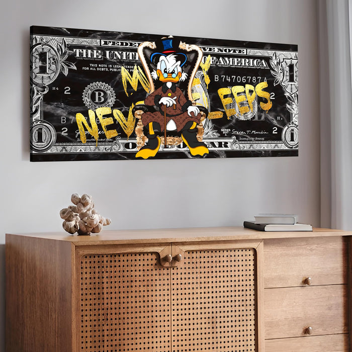 Money Never Sleeps Graffiti Stretched Canvas Wall Art | Luxury Dollar Pop Art Modern Wall Painting for Living Room, Office & Studio Décor, 22x46 Inch