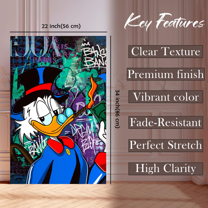 Money & Success Pop Art Canvas Print, Street Style Millionaire Duck Cash, Modern Urban Decor for Office & Man Cave, Canvas print Ready to Hang - 56x86 cm