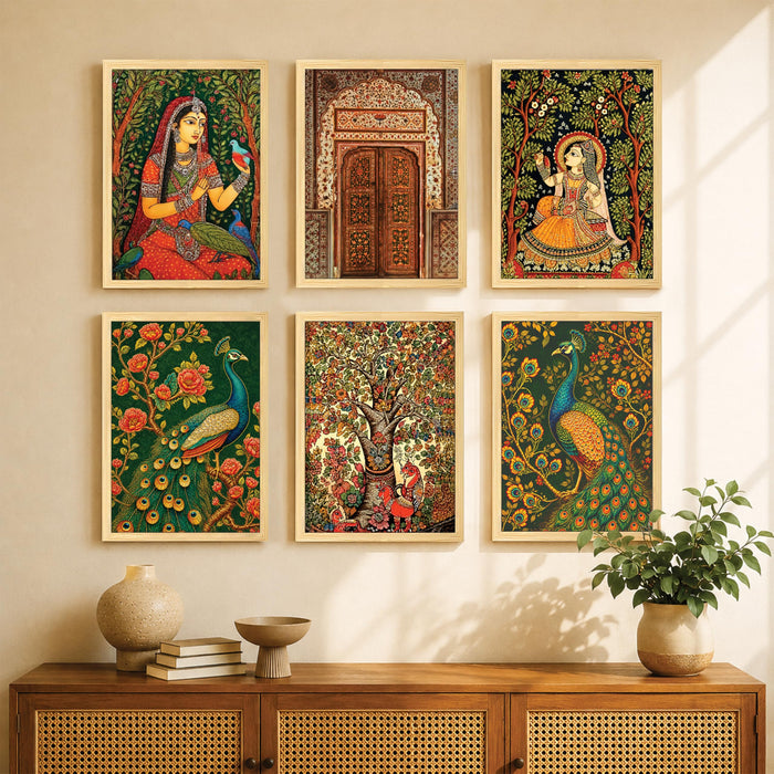 Madhubani & Folk Wall Art Painting for living room, Rajasthani Art Peacock & Floral Theme Framed Art Print for Home decoration, Bedroom, and office (Set of 6, 13x9 inch)