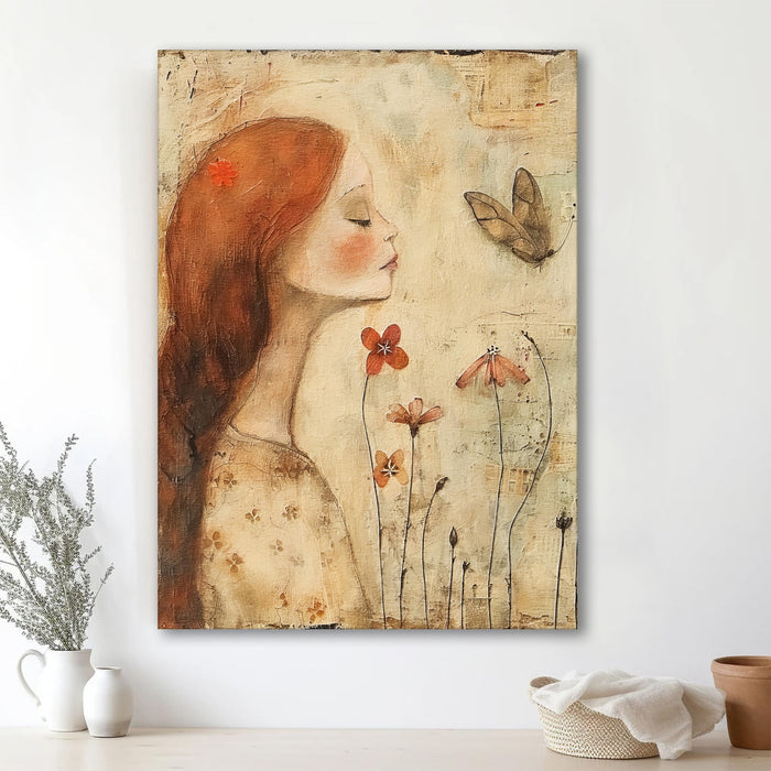 Vintage Abstract Art of Girl with Flower and Butterfly in Orange, Brown, and Beige | Digital Painting (16x22 Inch)